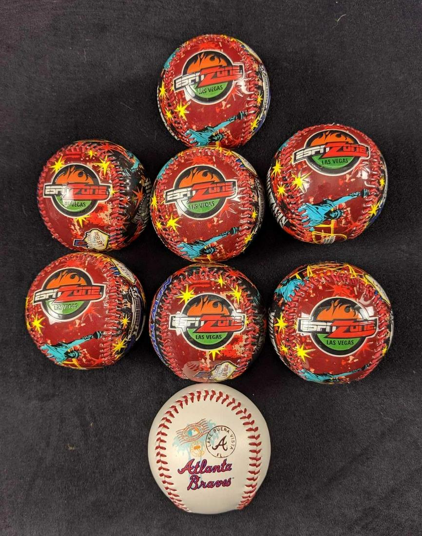 Disney ESPN Zone Las Vegas Baseball And Atlanta Braves: This lot includes: 1. Seven ESPN Zone balls. These were originally sold at the now closed ESPN Zone in Las Vegas' "New York/New York Hotel And Casino": 2. One Atlanta Braves baseball back when they pl