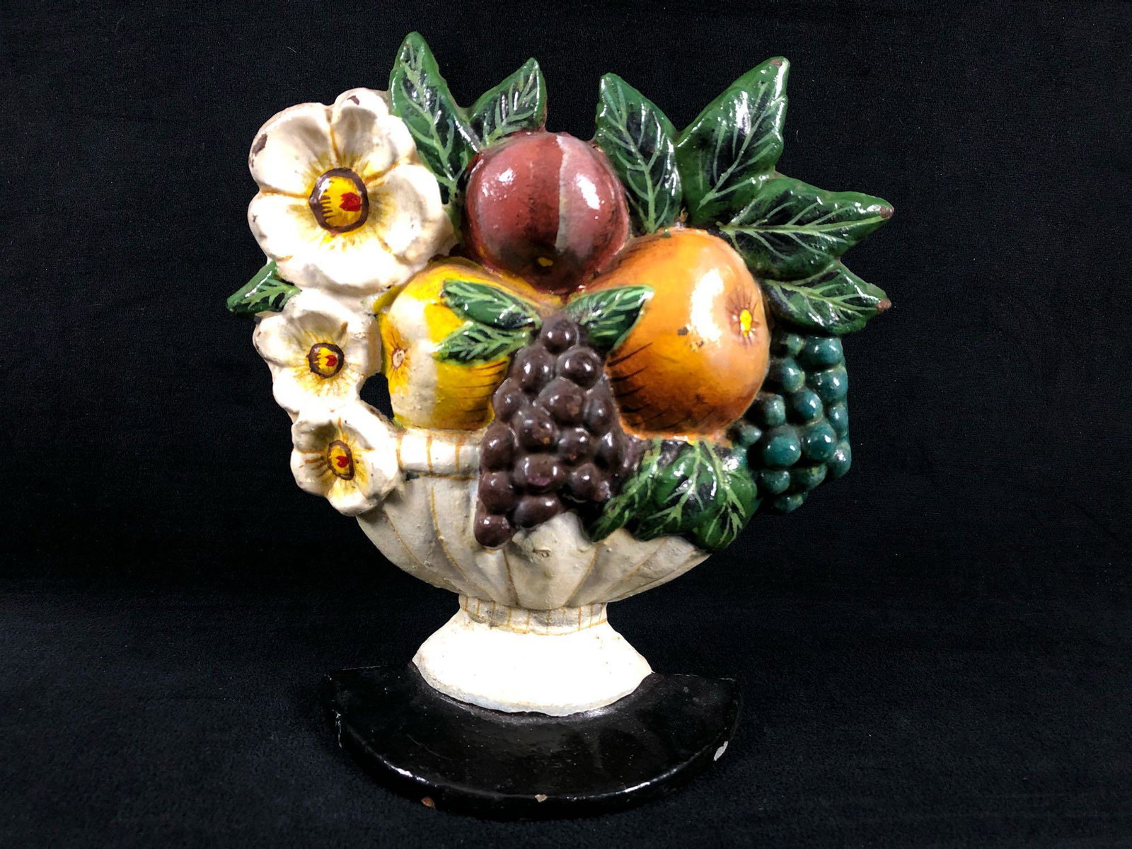 Antique Cast Iron Original Hand Painted Basket Of: Antique Cast Iron Original Hand Painted Basket Of Flowers & Fruit Door Stop. This stunning item is in Good condition with sighs of paint loss and chipping can be expected. Amazing naturally distressed