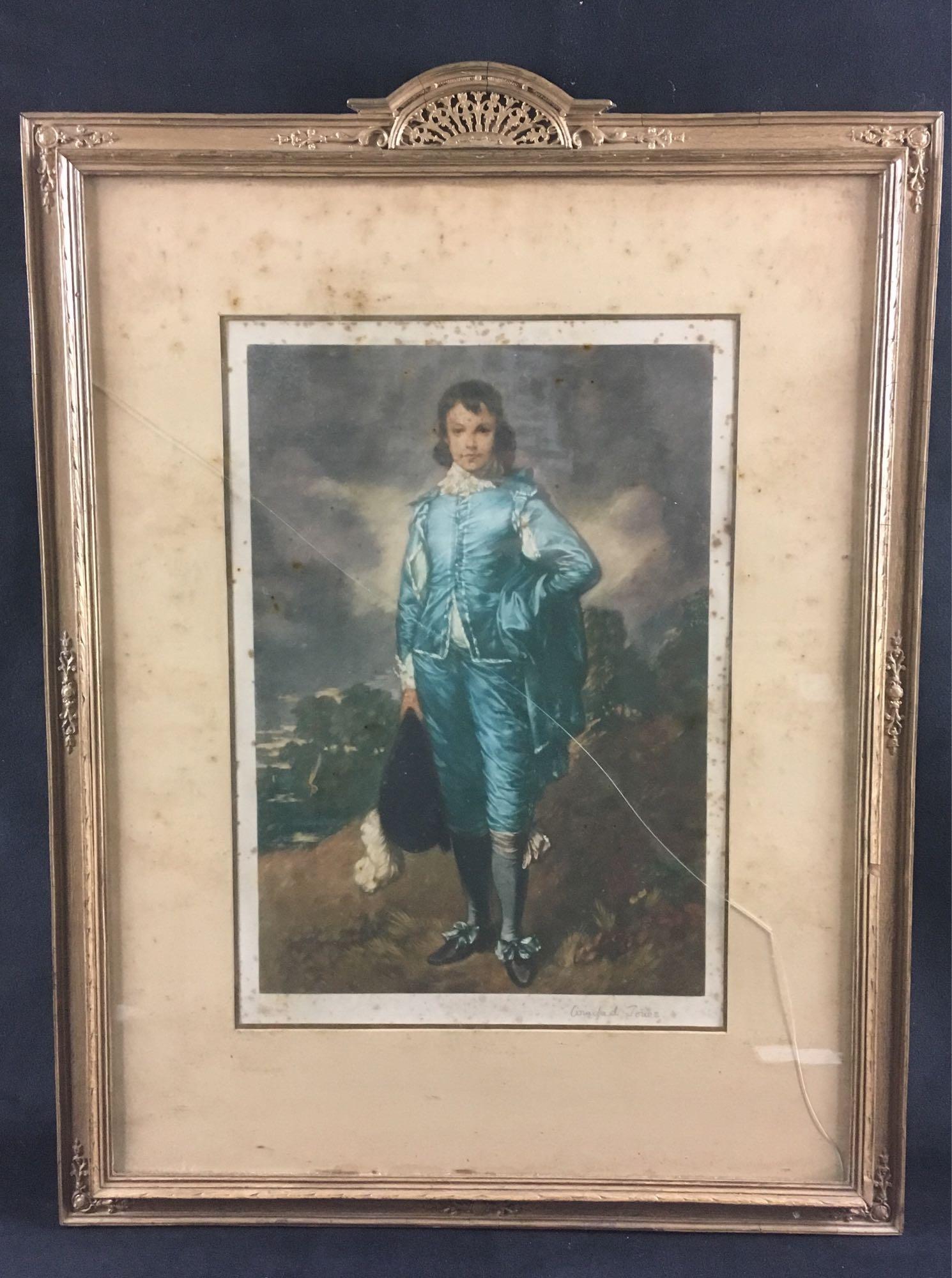Vintage Blue Boy Winifred Jones Mezzoprint: Vintage The Blue Boy Signed Winifred Jones Mezzotint; This is a mezzotint of "The Blue Boy" originally painted by artist Thomas Gainsborough painted during the Rococo period. A mezzotint is a techniqu