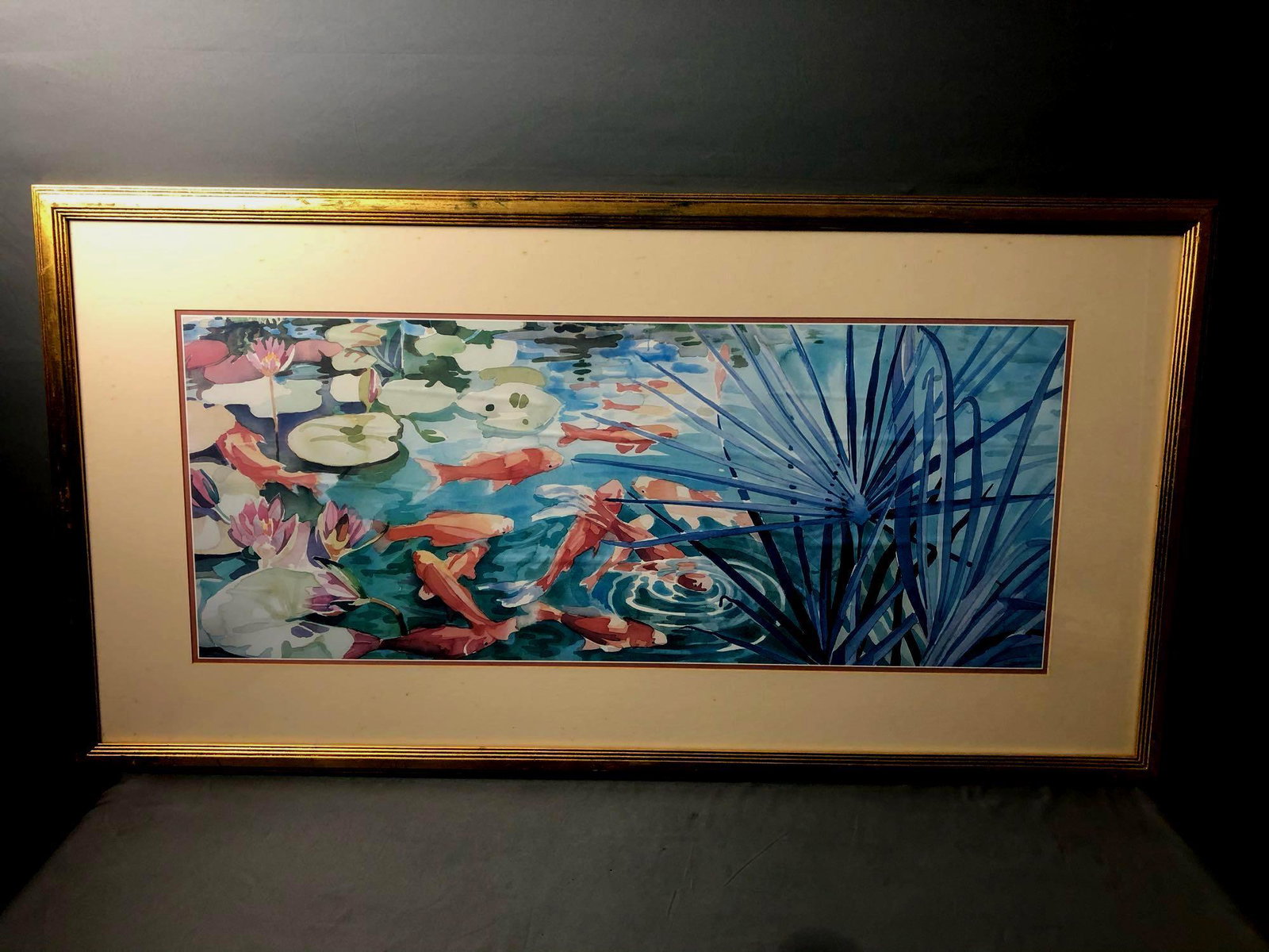Large Vintage Watercolor Koi Fish Pond Singed C. Hoyle: Large Vintage Watercolor Koi Fish Pond Singed C. Hoyle Framed Print 26" x 50". This print is in good condition with some staining to the mat. Please view all our pictures they are part of our descript