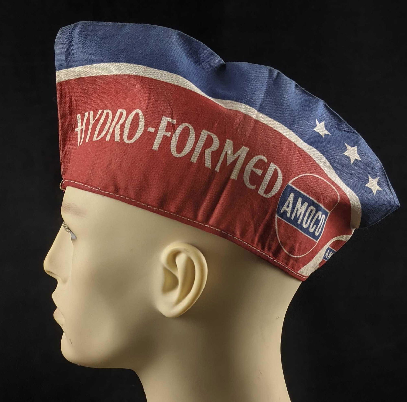 Vintage Amoco Gas Station Attendant Hat 1950s: Vintage Amoco American Gas Station Attendant Hat 1950s. These hats were made to promote that Amoco's gas pumps was Hydro-Formed! Hat should fit most adult sized heads and is approx 11" x 5". Hat is in
