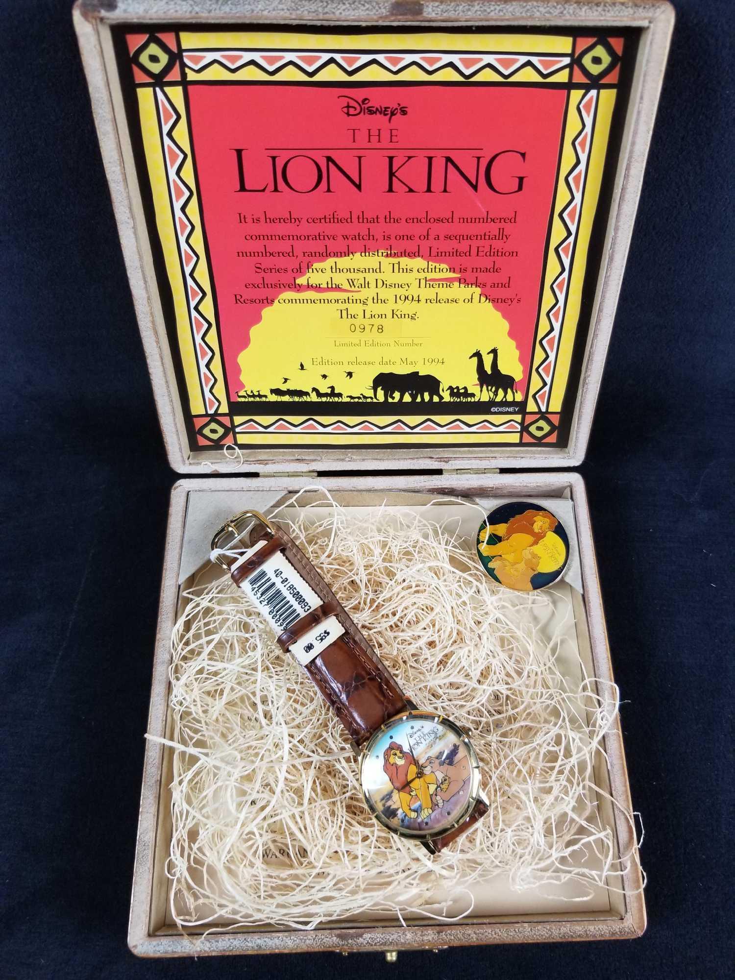 The Lion King Collectible Limited Edition Watch with: This charming set of Walt Disney's Lion King Limited edition watch and pin set comes in a box with shredded paper meant to look like hay. Made exclusively for Walt Disney World theme parks and resorts