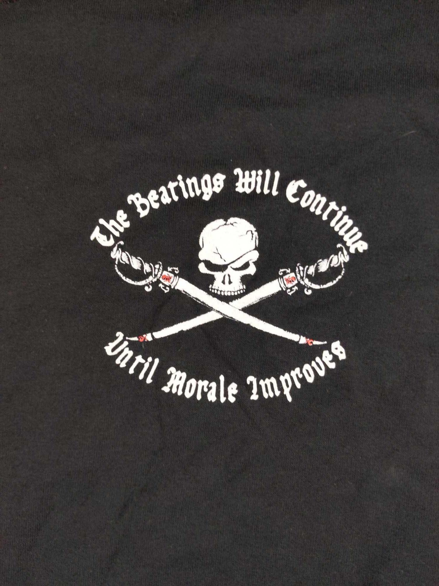 Five Pirate Beatings Will Continue Mens Shirts: Five black printed Gildan Activewear Heavyweight Cotton T-Shirts. They say that "The Beatings Will Continue Until Morale Improves". Includes One Medium, Two Larges, and Two Extra-Larges. The shirts ar