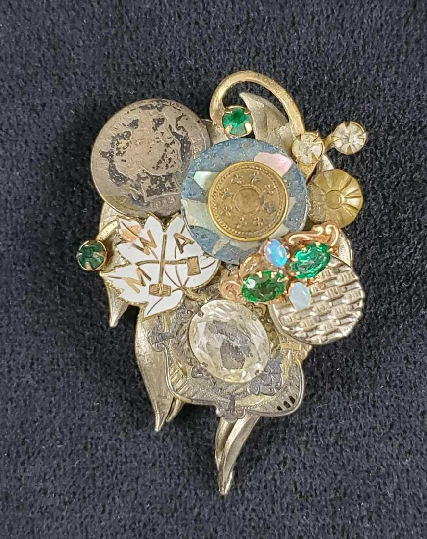 Eclectic Collage Pin with 1913 Barber Dime, Opal Like: This eclectic collage pin with 1913 Barber dime, opal like stones and rhinestones is hand crafted and in good used condition. The collage is seated upon a Davinc pin, which is stamped on the back and