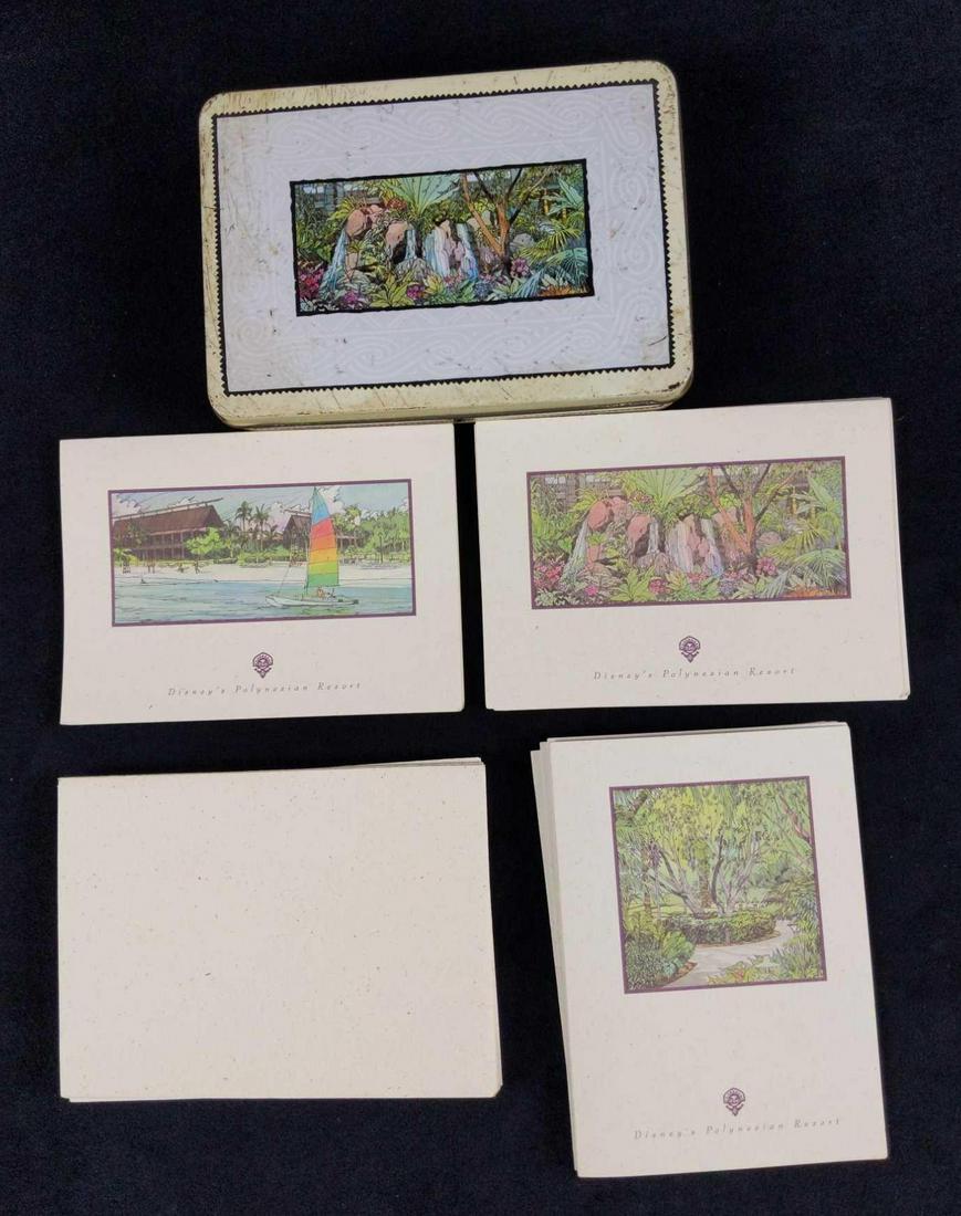 Disney World Polynesian Resort Blank Cards W Tin: Box of greeting card with blank insides all themed to Walt Disney's popular resort, the Polynesian Resort. Cards come in a themed tin with three different styles of cards. (4) Park W Trees Cards. (4) 