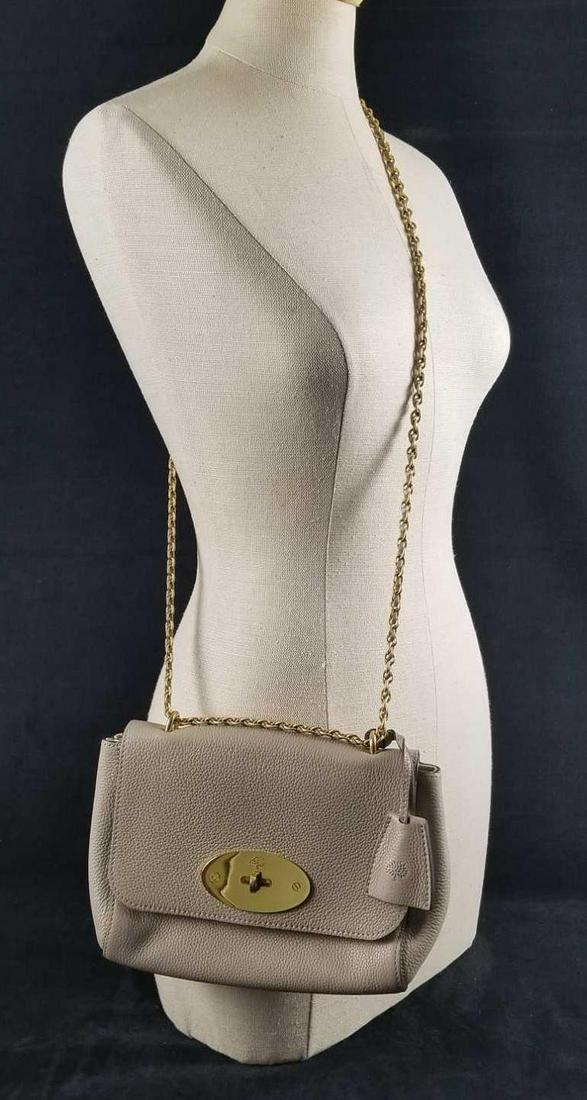 Mulberry Small Lily Gray Leather Shoulder Purse: Mulberry small Lily gray leather purse has woven leather and chain strap that can be worn short or long, and is finished with signature details such as: postman lock hanging leather fob with hidden pa