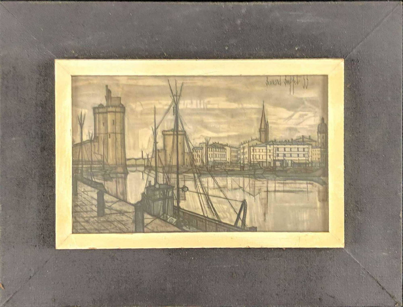 Vintage Bernard Buffet France La Rochelle Litho: Vintage 1955 Bernard Buffet France 55 La Rochelle Offset Lithograph. Framed art is approx 14" x 2" x 10 1/2". Print is approx 9" x 5 1/2". Framed art is in good, vintage condition with wearing and scr