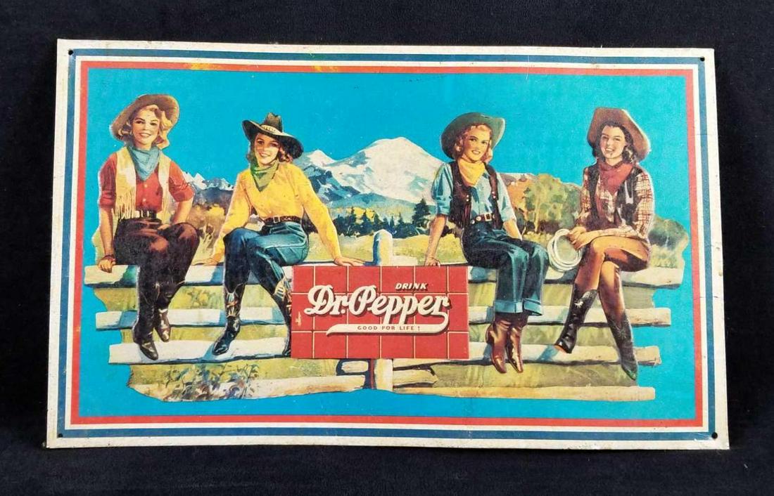 Vintage Metal Sign Dr Pepper Good For Life1994 Cowgirls: Vintage 1994 Dr Pepper/Seven-Up Corporation Dallas Texas, metal sign with cowgirls. Sign says " Drink Dr. Pepper Good For Life!" Sign marked by maker on the back. In good used condition, needs to clea