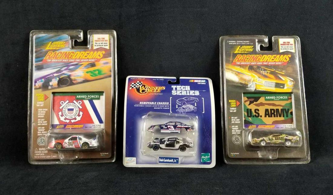 Johnny Lighting Hasbro Diecast Car Hotwheels Matchbox: This lot contains: 1- 1998 Hasbro Nascar 1/64 scale, Winner's Circle Tech Series, Dales Earnhardt Jr. # 56839 1- Johnny Lightning Racing Dreams, Armed Forces Series, U.S. Army #152-01 1- Johnny Lightn