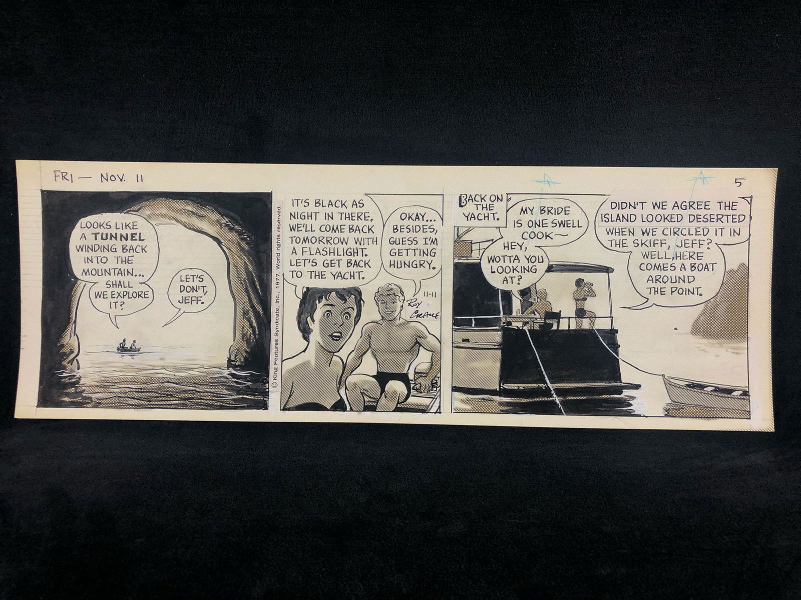 Roy Crane "Buz Sawyer" Sunday Comic Strip Original Art: Henry Schlensker (as Roy Crane) Buz Sawyer 11-11-77 16.25 x 4.75 image pencil/ink on bristol board signed in great condition. Royston Campbell Crane, who signed his work Roy Crane, was an American car