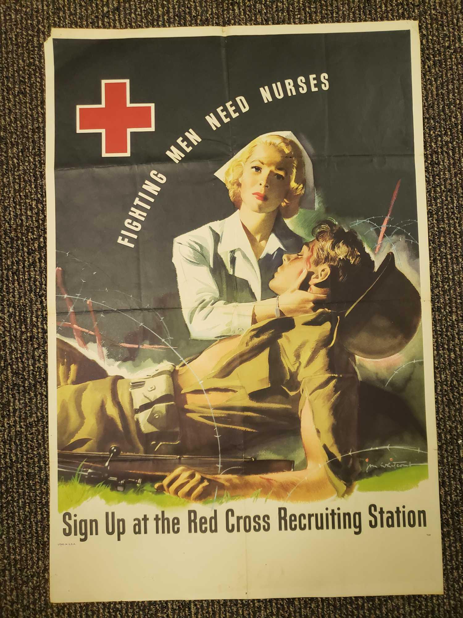 Fighting Men Need Nurses Sign Up at the Red Cross: Fighting Men Need Nurses Sign Up at the Red Cross Recruiting Station WWII Poster. This poster is in good condition. It has a small tear out of the top left corner and a small tear in the bottom center