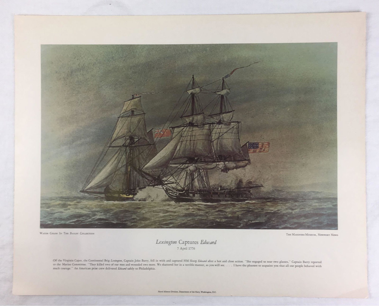 Vintage Naval History Poster: Vintage Naval History Poster; Featuring a watercolor painting titled Lexington Captures Edward 7 April 1776. This poster was made courtesy of the Mariners Museum, Newport News and the Naval History Di
