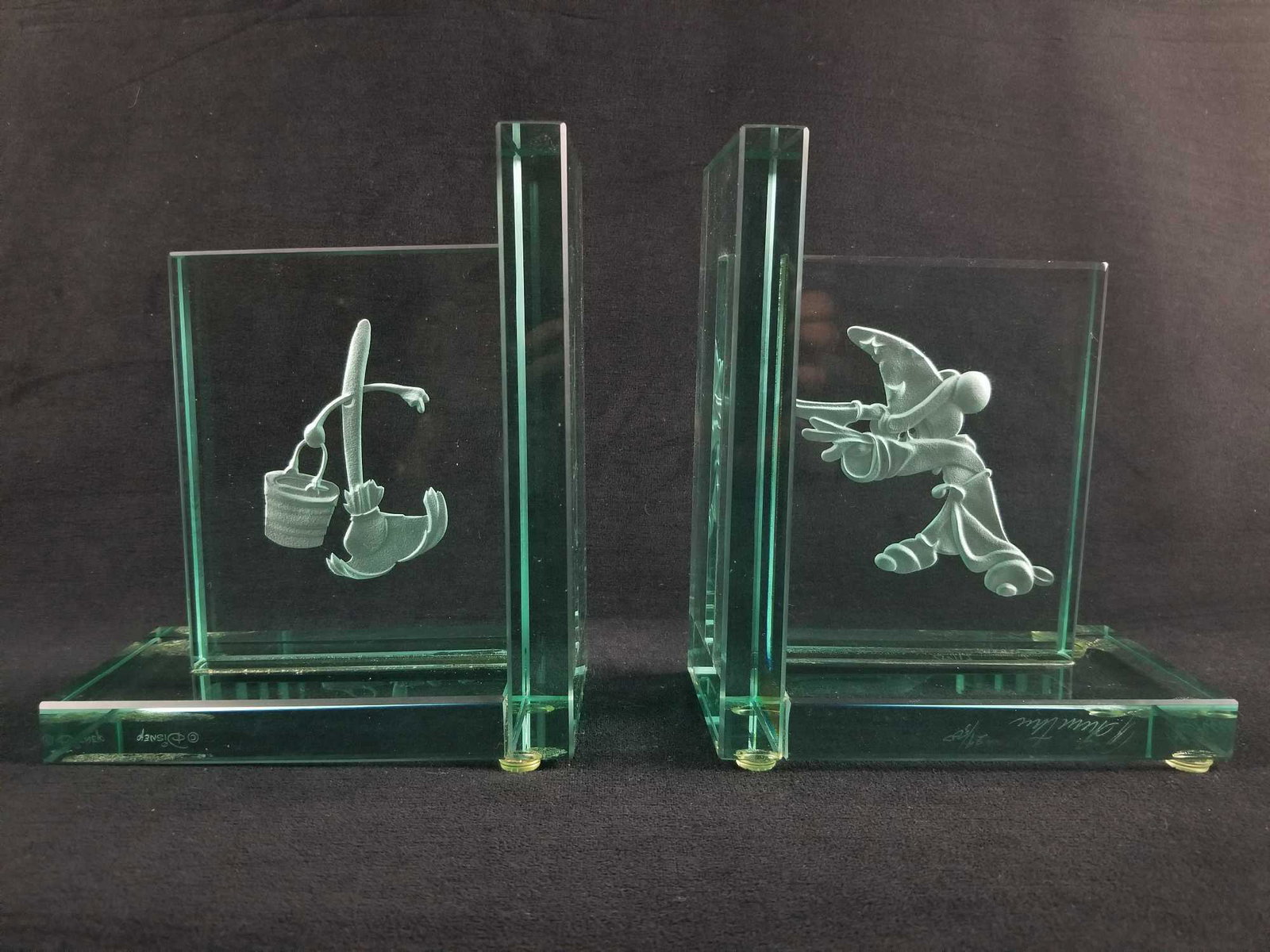 Walt Disney Sorcerer Mickey Mouse Fantasia Dancing: Walt Disney Sorcerer Mickey Mouse Fantasia Dancing Broom Glass Bookends Limited Edition 29/500 Mickey Mouse and the Dancing Broom are lasers etched into the glass. The name "Disney" is etched into the