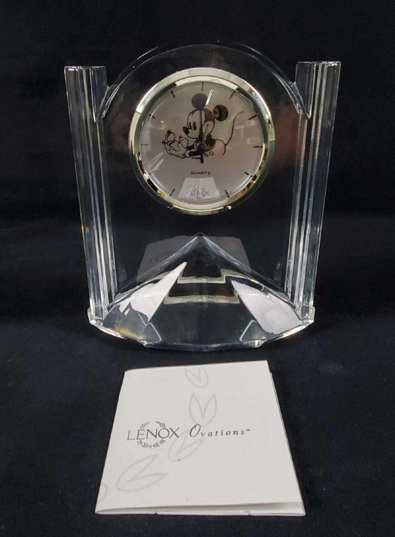 Rare Lenox Ovations Crystal Mantel Mickey Mouse Clock: This rare Lenox Ovations full lead crystal mantel synchronicity clock featuring classic Mickey Mouse, displays a triangular cut towards the base adding dimension and class with the traditional clock m