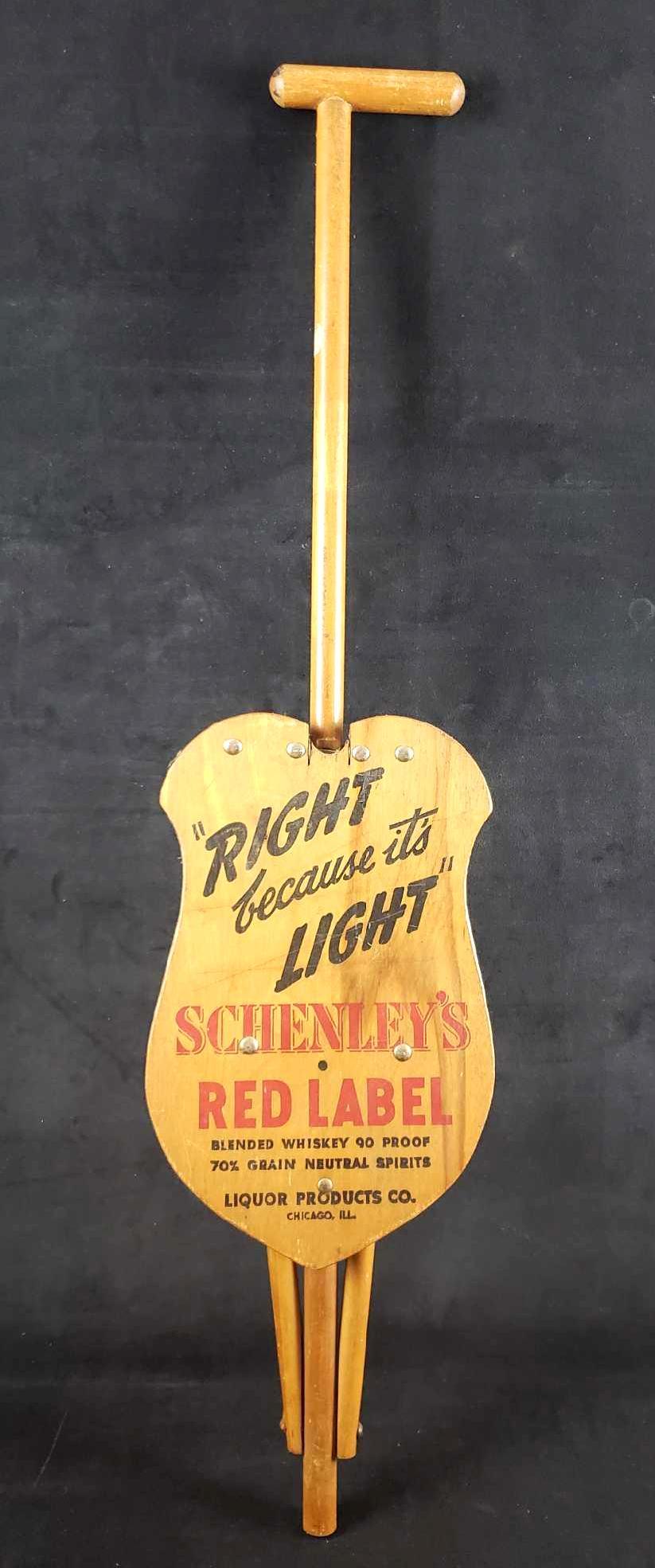 Right Because Its Light Schenleys Red Label Blended: Right Because Its Light Schenleys Red Label Blended Whiskey 90 Proof Promotional Vintage Walking Stick. This vintage Schenley's Red Label walking stick is in good to fair used condition. The sign at t
