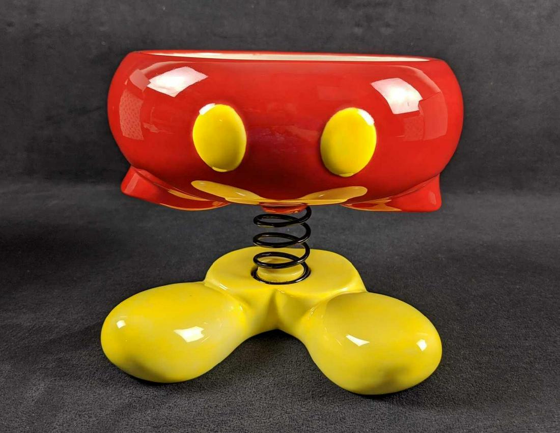 Disney Mickey Mouse Body Parts Spring Bowl: Glass Disney party bowl gives your party goers an extra 'spring' to their snack. Fun Mickey Mouse body springs up and down with each serving. Oh Boy! Bowl is in good, used condition with no noticeable