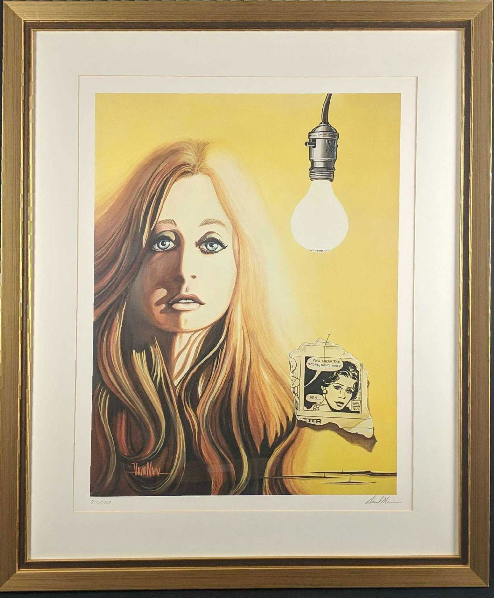 David Mann Girl And Light Bulb LE Framed Lithograph: David Mann - "Girl and Light bulb" Limited Edition Lithograph, Numbered and Hand Signed by the Artist. This one is #711 out of #1000. Framed art is approx 30" x 1" x 36". The print is approx 21" x 27"
