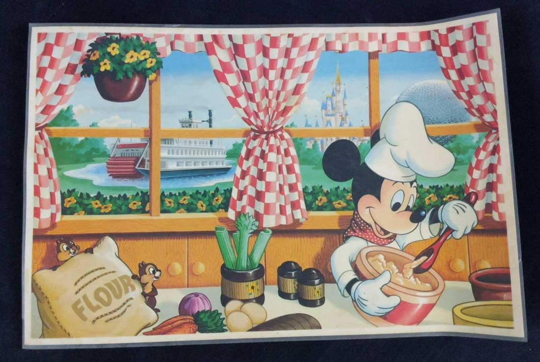 1980s Disney World Chef Mickey Mouse Placemat: Here is an original placemat that was used at the now-closed 'Chef Mickey's at the Disney Village (now Disney Springs). The current Chef Mickey's is at Disney's Contemporary Resort. 17" x 11". The pla