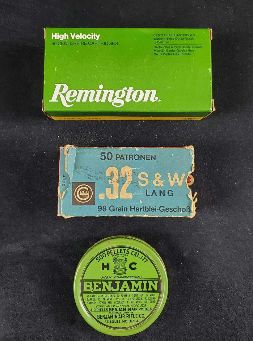 Vintage 32 38 Smith And Western Benjamin Pellets: This lot includes German-made Patronen .32 Smith & Western 98 Grain Lead Bullets (44 Cartridges), Remington 38 Smith & Western 146 Grain Lead Cartridges (50 of them) along with a tin of Benjamin Air R