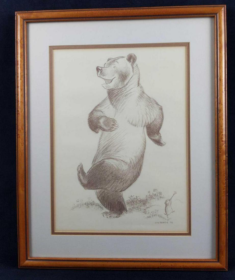 Framed Vintage William D Berry Dancing Bear Litho: Here is a very cheerful picture of a dancing bear by William D. Berry. Framed art is approx 16" x 1" 20". Print is approx 10" x 14". The drawing for this lithograph print originated from a mural Bill