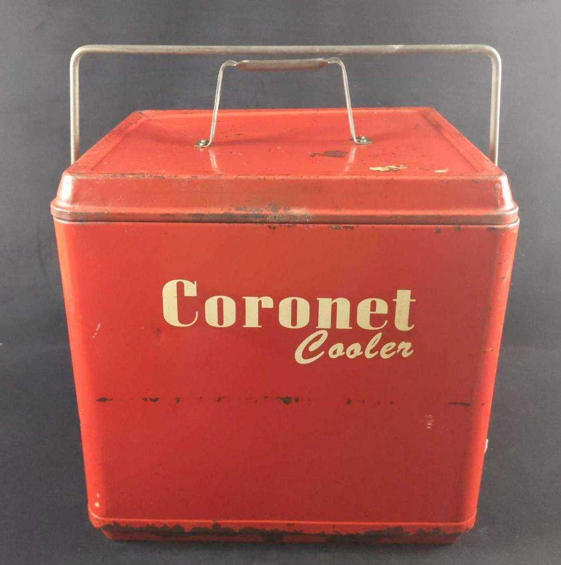 Vintage Hamilton Metal Read Coronet Cooler: Vintage Hamilton Metal Read Coronet Cooler With Handles From The 1950s. Is an insulated cooler with a handle and has a bottle opener on each side. Is approx 14" x 11 1/2" x 15". Is in good, vintage co