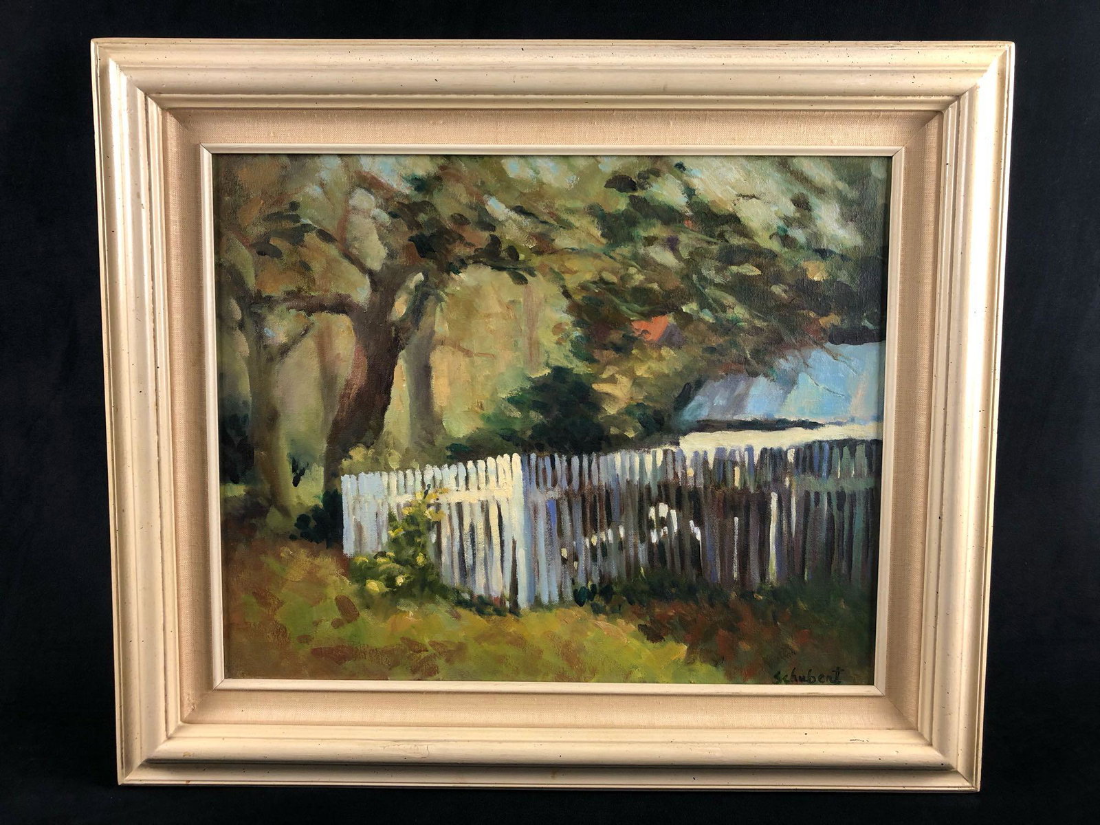 Vintage Original Sighed Schubert Oil On Canvas White: Vintage Original Jeanne Schubert Oil On Canvas White Picket Fence Painting . This original framed piece is in excellent condition with vibrant colors measures 26" x 22"