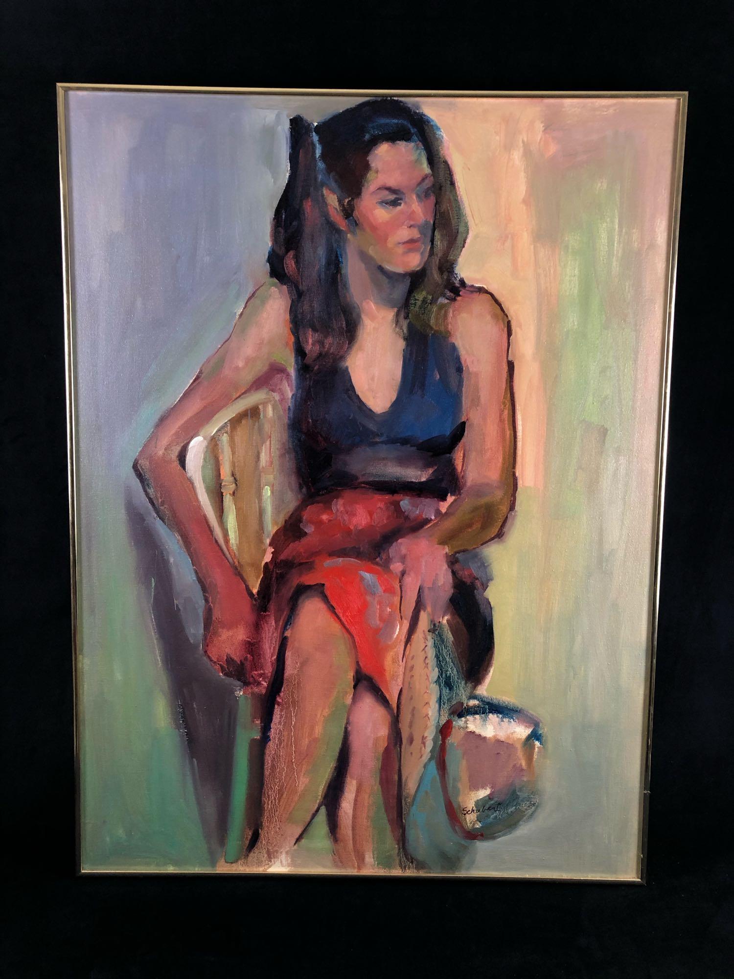Vintage Original Sighed Jeanne Schubert Oil On Canvas: Vintage Original Jeanne Schubert Oil On Canvas Painting . This Woman sitting in chair original framed piece is in excellent condition with vibrant colors measures 30" x 40"
