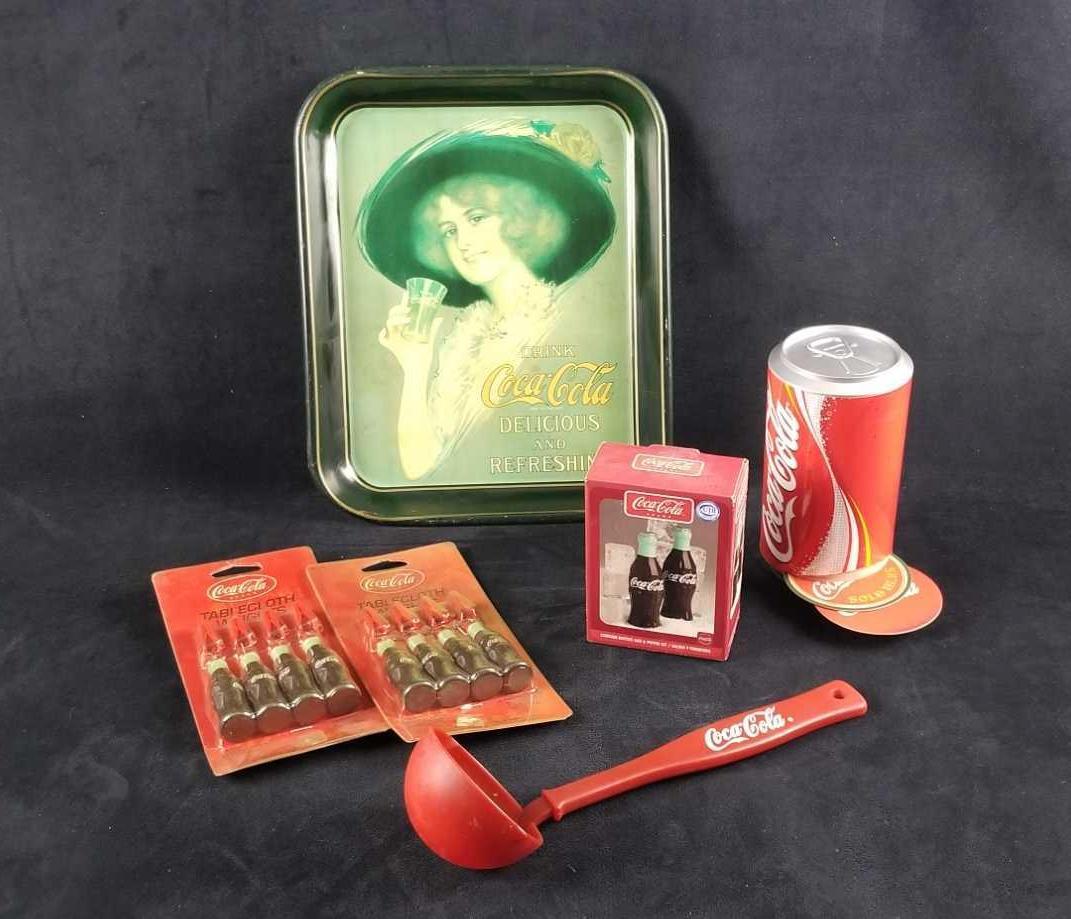 Vintage Coca Cola Weights Coasters Kitchen: This Coca Cola lot contains: 2- Packs of Tablecloth weights, NOS. Approx. measures 4 1/2"x 9" 1- Salt and Pepper glass shaker set, comes in box. Approx. measures 3 3/4" x 2" x 5" 1- Soup spoon. Approx