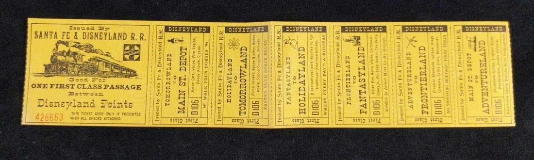 Vintage Disneyland Railroad First Class Ticket: This great set of tickets would have been used to venture from land to land via the Disneyland Railroad. The Disneyland Railroad and Santa Fe would give you a first-class experience traveling around t