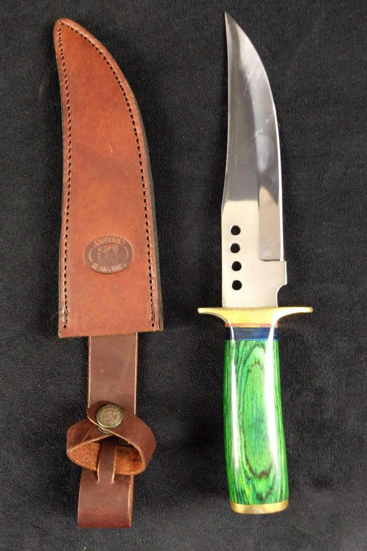 Chipaway Cutlery Hunting Surgical Steel Knife: Chipaway Cutlery Hunting Surgical Steel Knife In Box! 12" Overall Length. Surgical Steel Blade with a brass bolster , green Paka wood handle. Comes with a leather sheath. Comes in original box which i