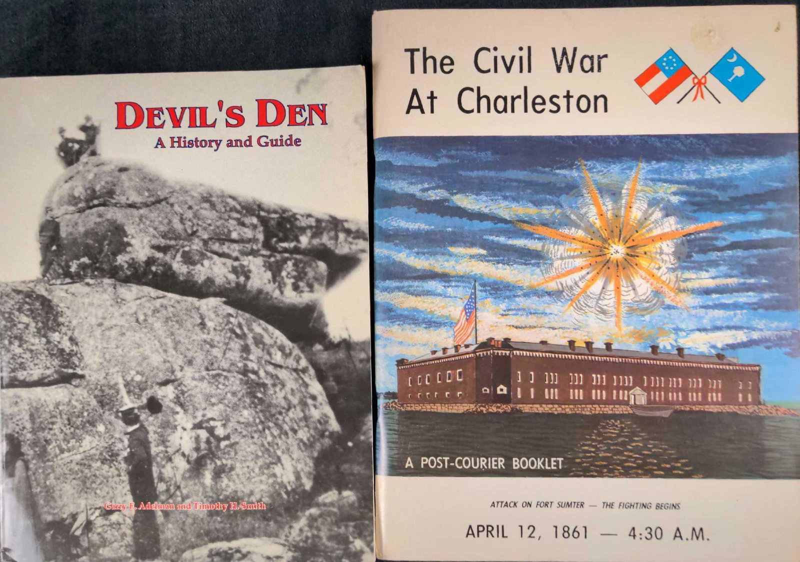 Civil War Softcover Books Lot Of Two: This lot includes: (1) The Civil War At Charleston. A Post-Courier Booklet. By Arthur M.Wilcox and Warren Ripley in 1983. The book is approx 9 1/8" x 12". (1) Devil's Den: A History And Guide. By Garr