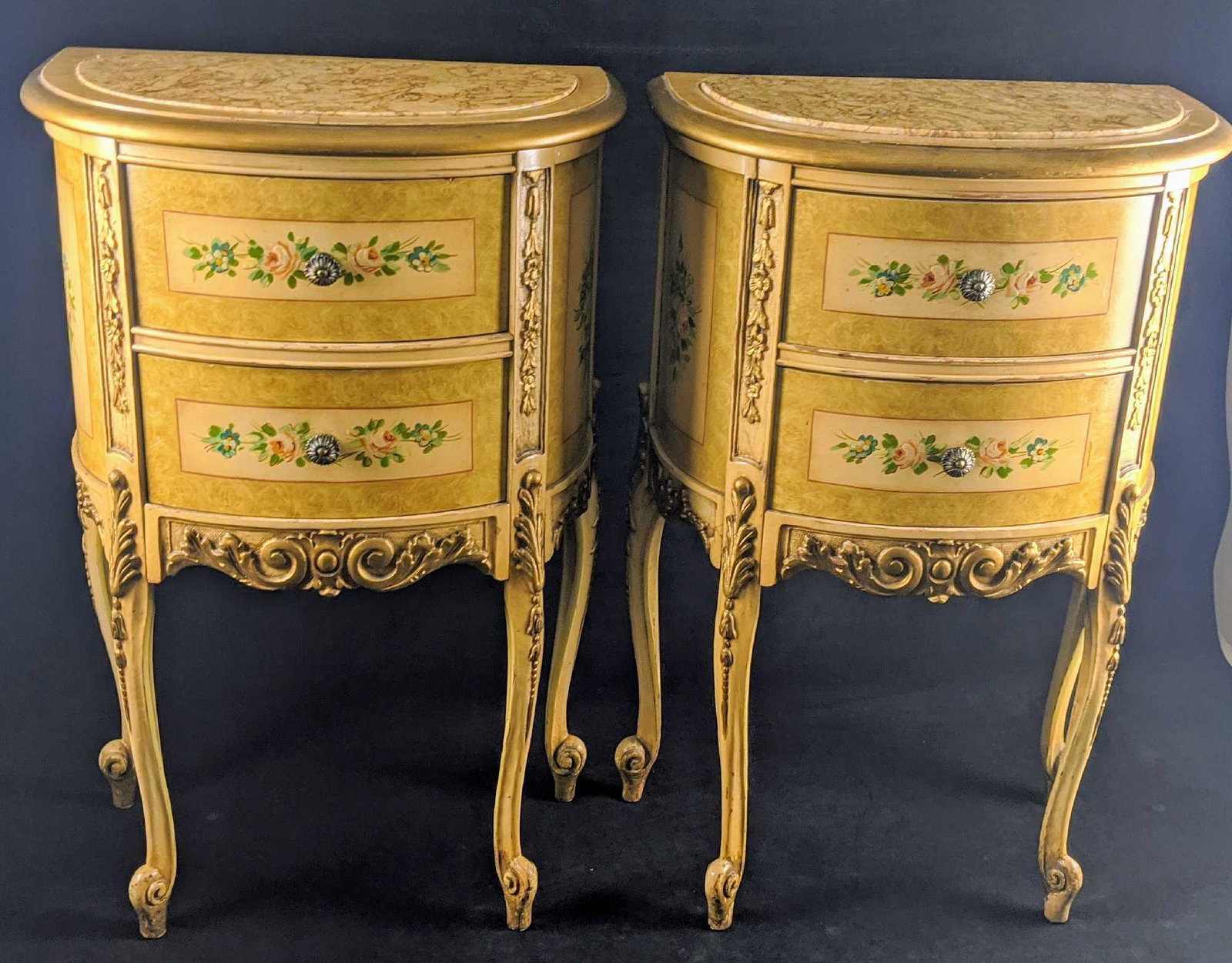 Two Marble Top Vintage Hand Painted Nightstands: A pair of demilune or half-round end tables or nightstands with marble tops that were hand-painted in the 1930s. Nightstands are approx 19" x 11" x 29". Both are in good, vintage condition with some w