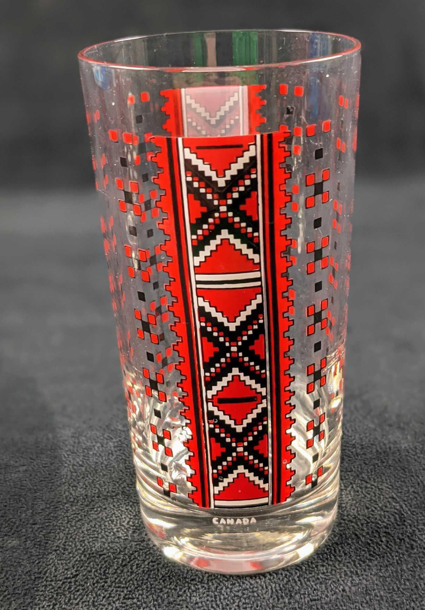 4 Vintage Ukrainian Folk Design Drinking Glasses: Four Vintage Red Black Ukrainian Folk Design Drinking Glasses. Is approx 3" x 3" x 5 1/2". Drinking glasses are all in good, vintage condition with no known damage. Made in Canada.