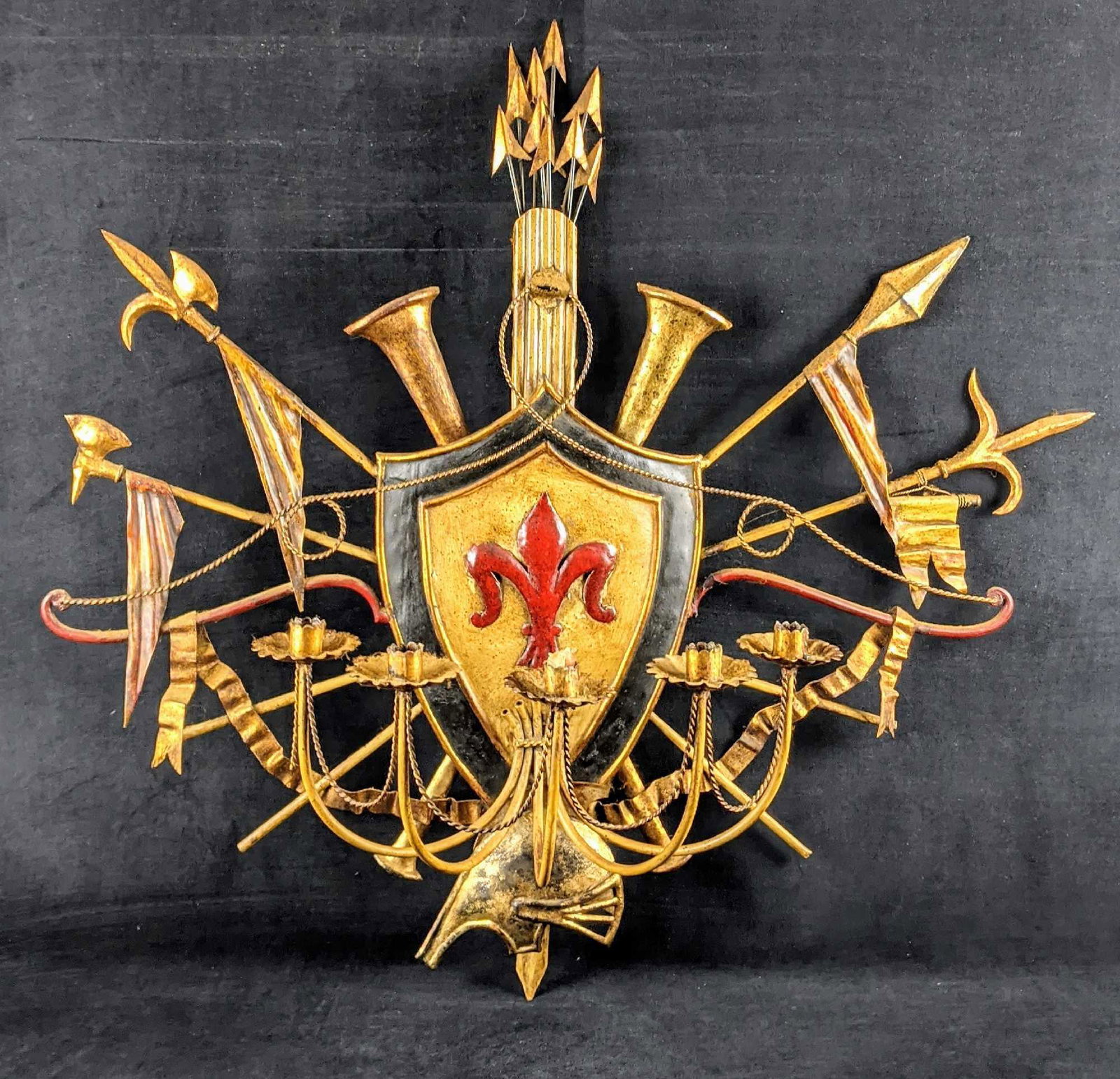 Coat Of Arms Fleur De Lis Coat Of Arms Candelabra: Looking for a little something to spice up your home theater, man cave, gaming room, or living room? Try this very well made Coat Of Arms Candelabra. Made of wall-friendly light aluminum, this candela