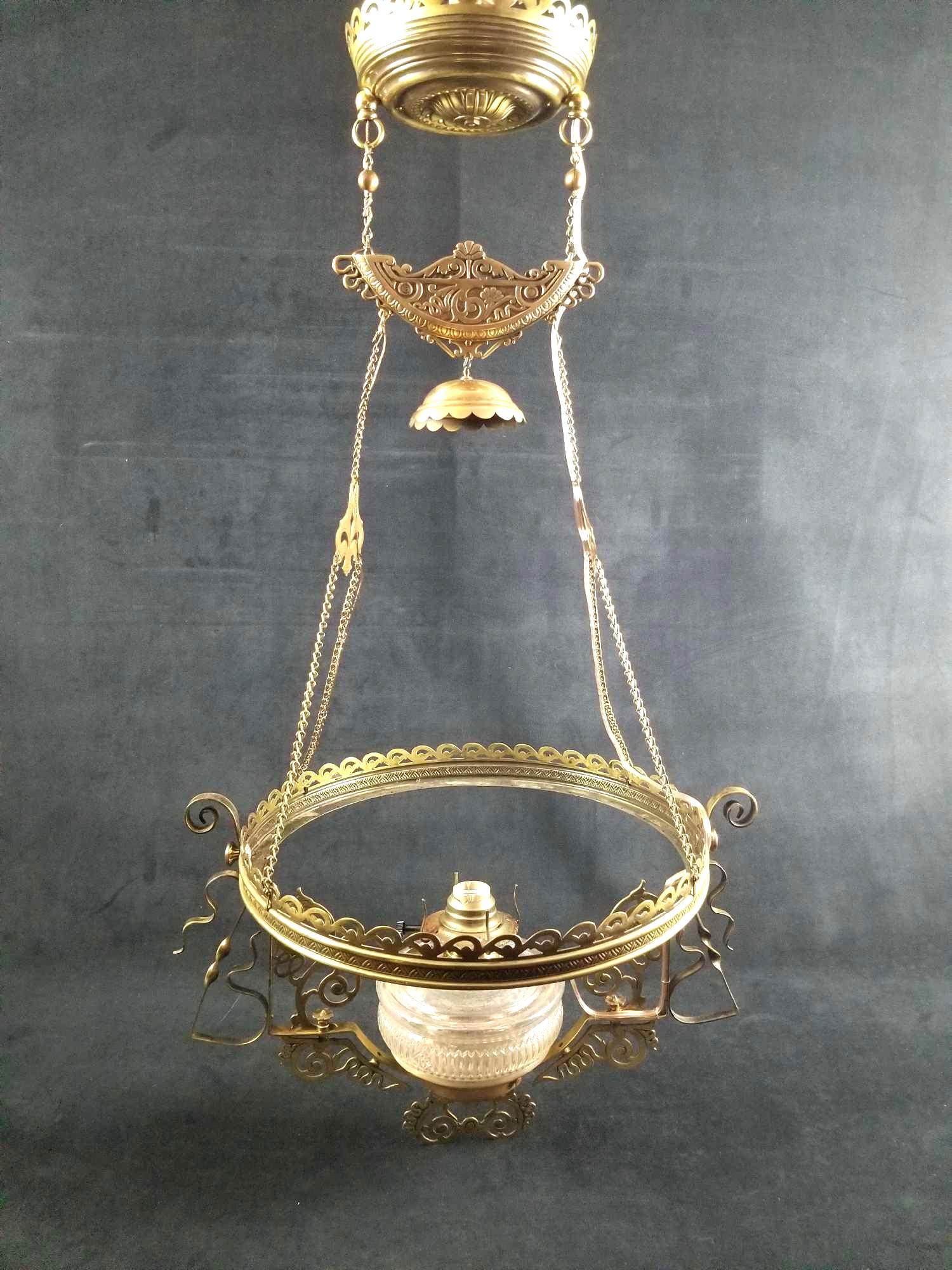 Late 1800s Solid Brass Gothic Art Deco Ornate Ceiling: Late 1800's Solid Brass Gothic Art Deco Ornate Ceiling Hanging Light Fixture. This statement piece features incredible detail and is in great used condition with known damages and wiring appears to be