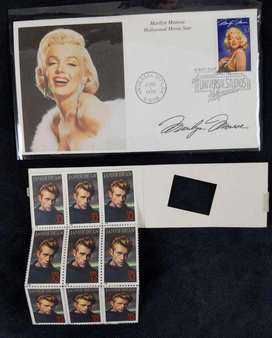 First Day Of Issue Marilyn Monroe Stamp James Dean: This lot includes: (1) First Day Of Issue Marilyn Monroe Postal Stamp With Information Envelope. Stamped at Universal Studios Hollywood on June 1, 1995. Envelope is approx 7" x 4". Comes with a protec