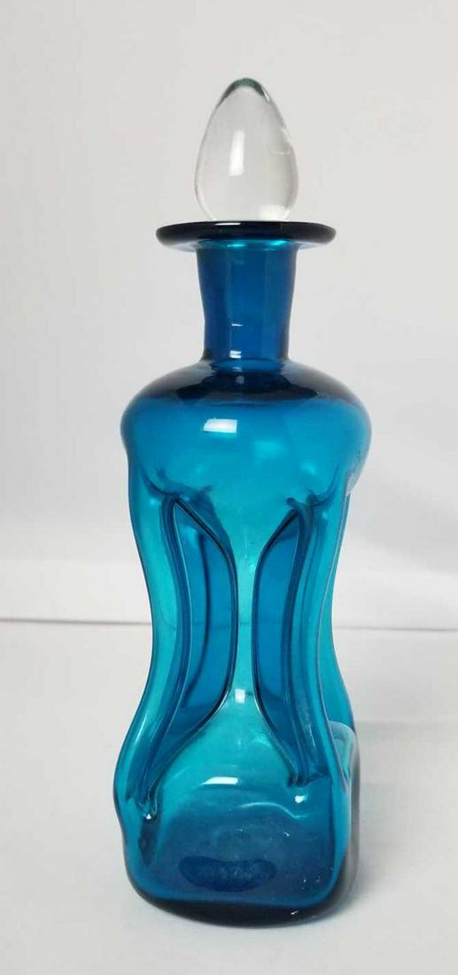 Holmegaard Kluk Kluk Blue Glass Decanter: Holmegaard Kluk Kluk Blue Glass Decanter with pointed stopper. Maker sticker missing. Previous owner place sticker on bottom. In good vintage condition, with some surface scratches. No chips, cracks,