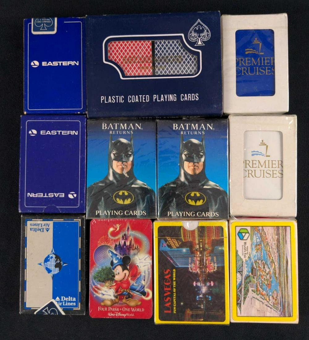 11 Vintage Disney Batman Delta Playing Cards A: This lot includes: (2) Vintage Eastern Airlines Bridge Sized Playing Cards. Still in original wrapping inside boxes. (2) Unopened Batman Returns Movie Playing Cards. (1) Unopened Disney Four Parks One