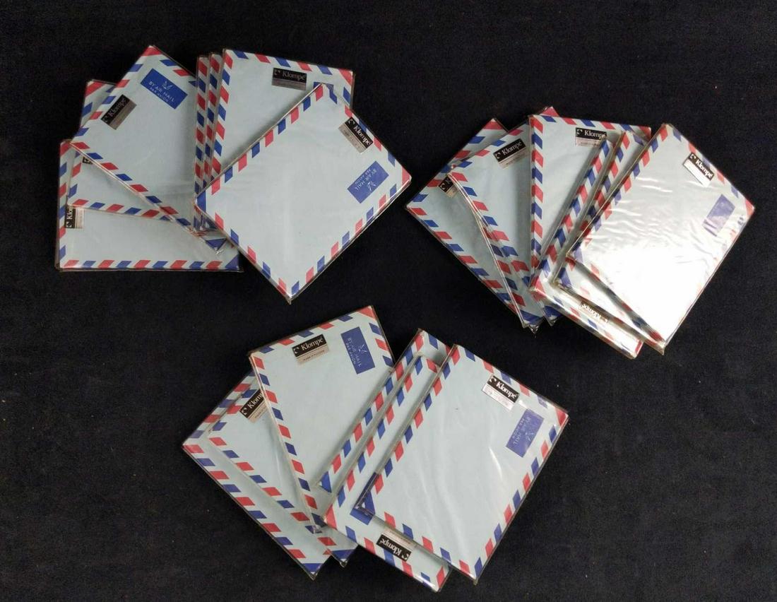 Five Hundred Vintage Klompe Air Mail Envelopes: This comes with twenty packages of twenty-five envelopes each. The envelopes are by Klompe. All are unopened except for one. Box is approx 6" x 2" x 9". Envelopes are approx 5 1/2" x 4". All envelopes