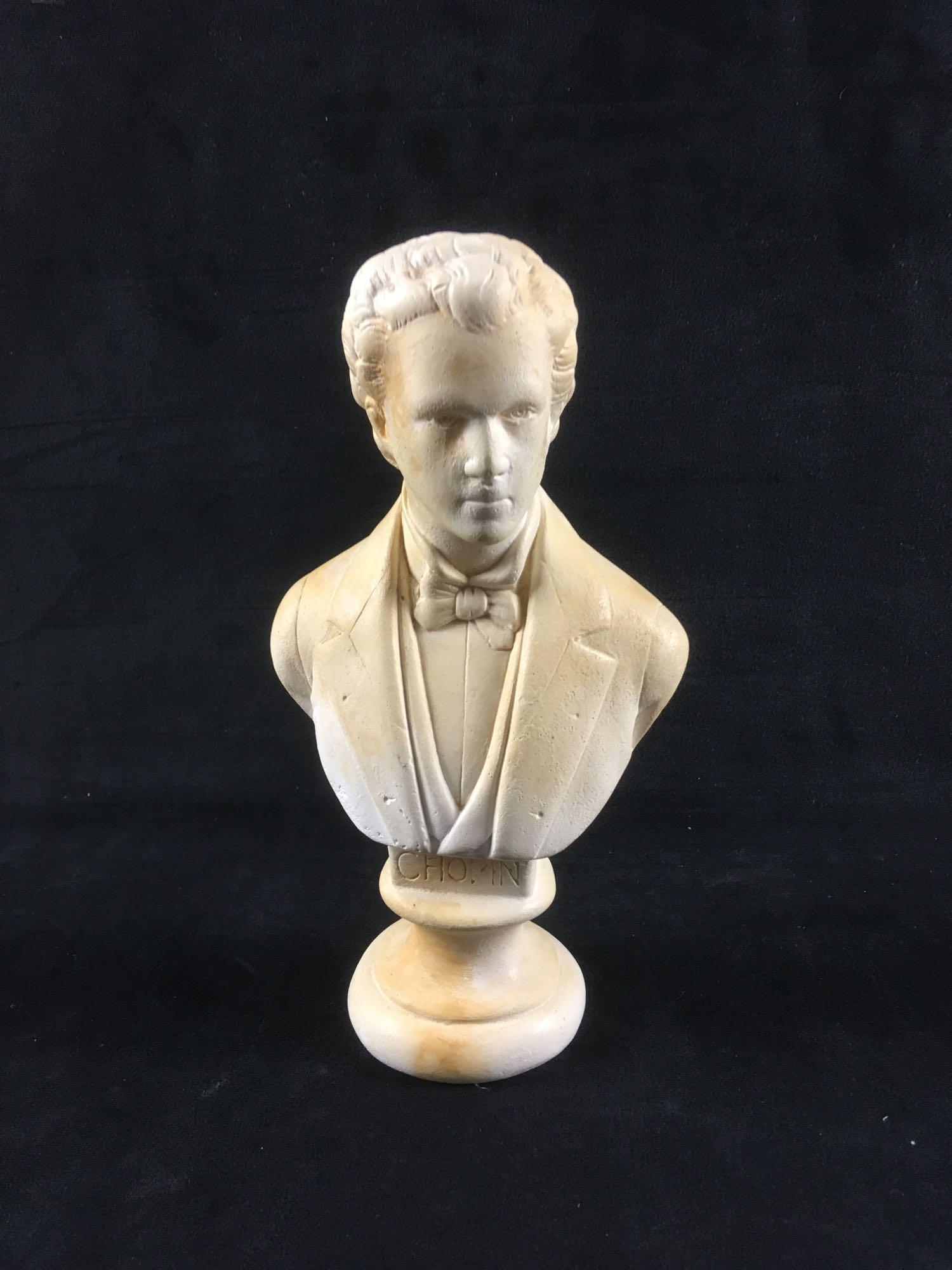 Vintage Plaster Bust Figurine of the Composer Fredric: Vintage Plaster Bust Figurine of the Composer Fredric Chopin; an ideal piece for your music room. This sculpture is in fair condition. Issues noted; there is a hairline crack across through the pedest