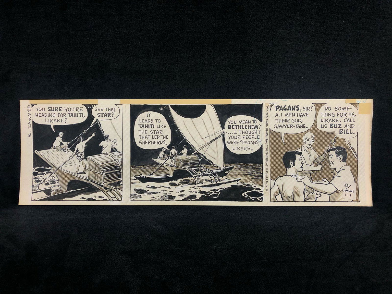 Roy Crane "Buz Sawyer" Sunday Comic Strip Original Art: Henry Schlensker (as Roy Crane) Buz Sawyer 1-1-1978 16.25 x 4.75 image pencil/ink on bristol board signed in great condition. Royston Campbell Crane, who signed his work Roy Crane, was an American car