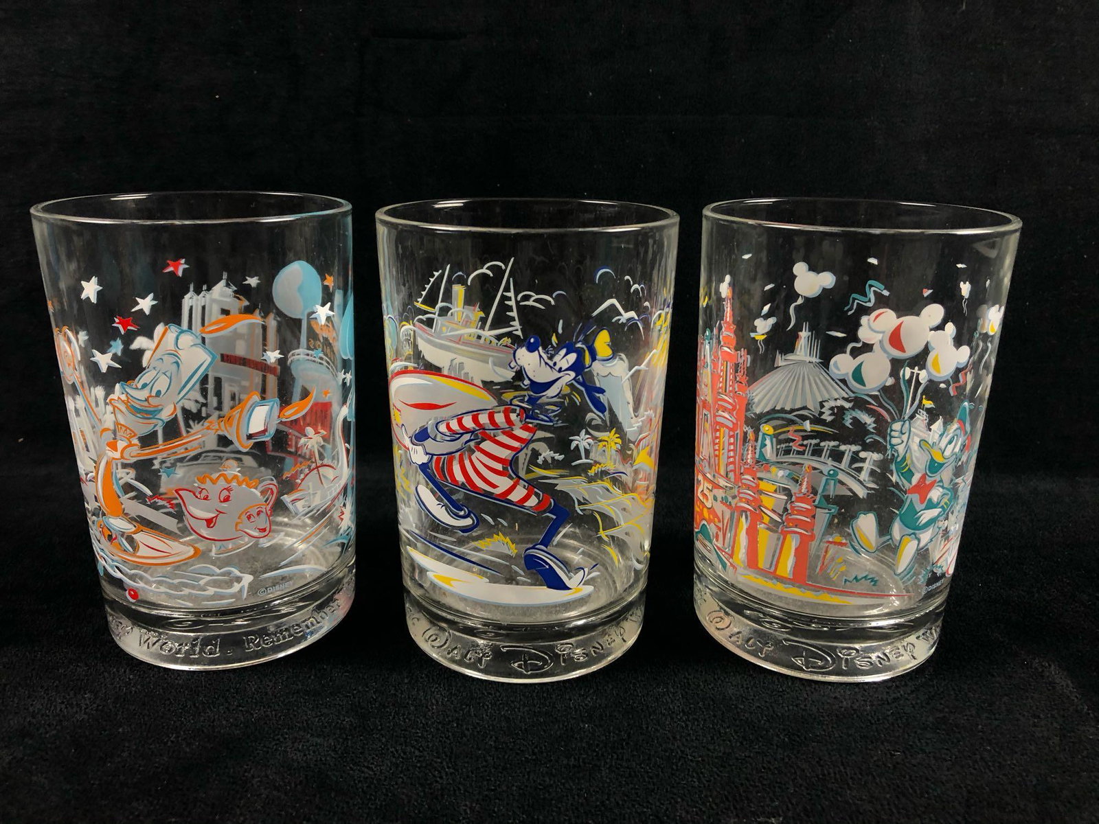 Vintage Of 3 Disney World Souvenir Castle Epcot Typhoon: Vintage Disney World Souvenir Castle Epcot Typhoon Lagoon 25th Anniversary Glasses In good condition with no known chips or markings.All are embossed on the bottom of the glass with Walt Disney World 