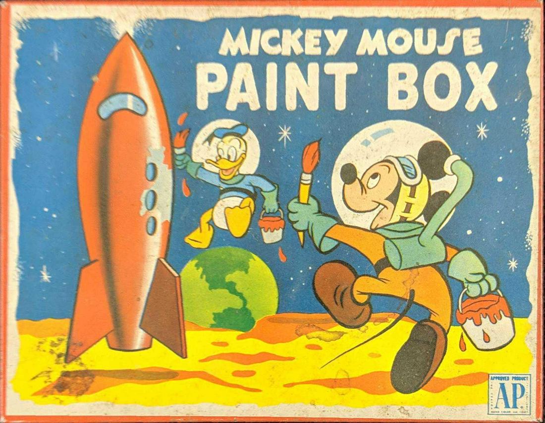 Vintage Disney Mickey Mouse Paint Box Tin: Adorable vintage Transogram tin paint box with Mickey Mouse and Donald Duck graphics. Dried paint included! Unique decor for a childâ€™s room, as well as inspiration for creativity! Tin is approx