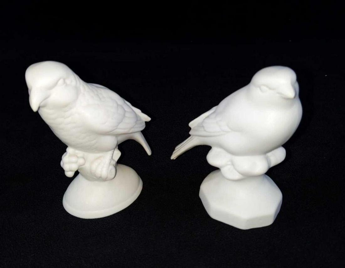 Two Vintage White German Bisque Porcelain Birds: Two Vintage White Bavarian German Bisque Porcelain Birds By Gerold Porzellan. The cheerful bird is approx 2" x 2" x 4". The calm bird is approx 2" x 2 1/2" x 3 1/2". Both are in good, vintage conditio