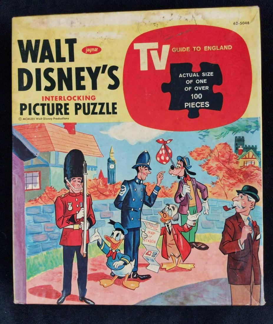 Vintage Walt Disneys Picture Puzzle Guide England: Walt Disney's Interlocking Picture Puzzle: TV Guide To England by Jaymar. From 1962. Has all the (over 100) pieces. Box has some wearing and puzzle pieces look good with no known damage. Box is approx