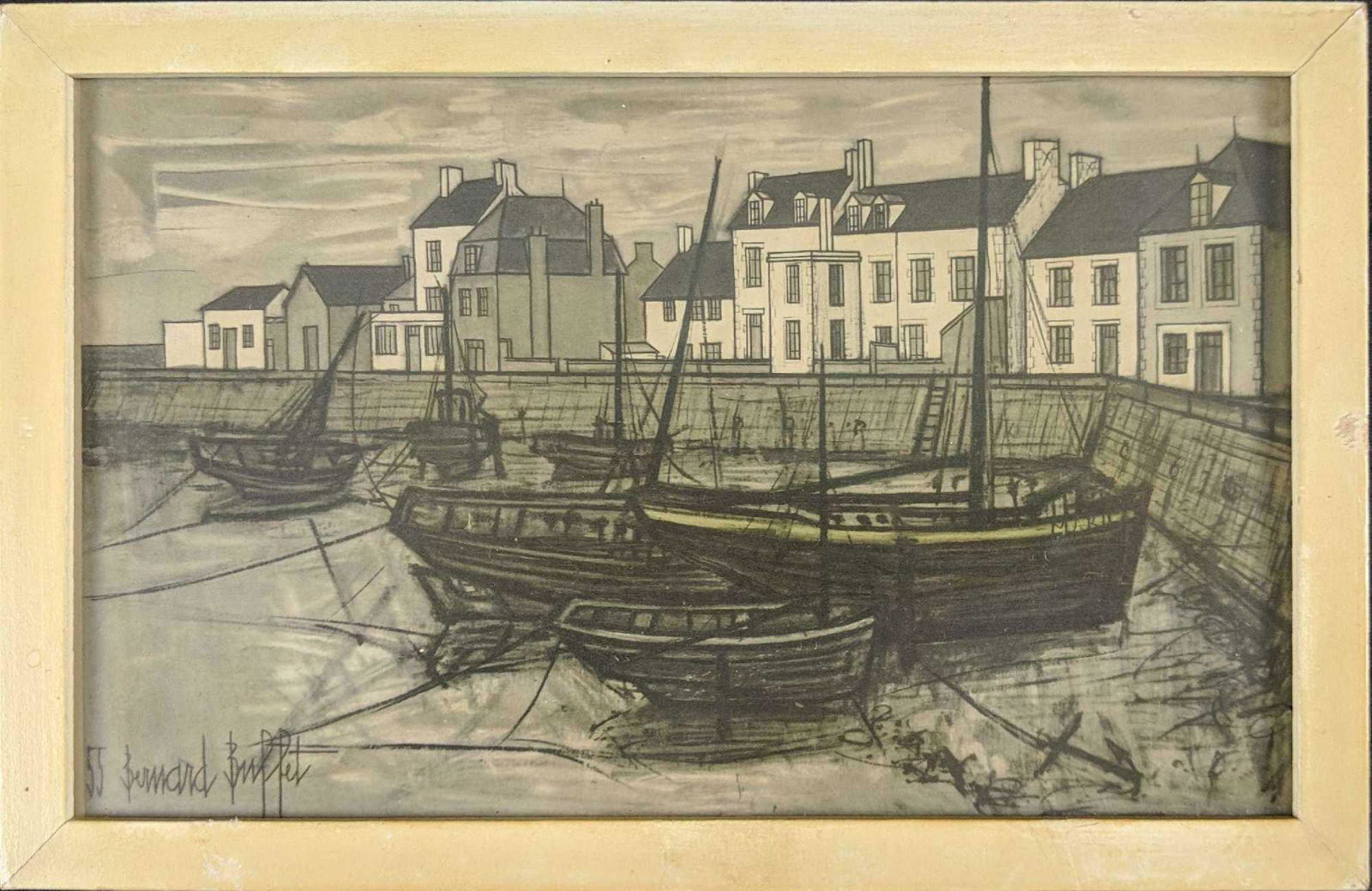 Vintage Bernard Buffet France 55 Port Breton Litho: Vintage 1955 Bernard Buffet France 55 Port Breton Offset Lithograph. Framed art is approx 14" x 2" x 10 1/2". Print is approx 9" x 5 1/2". Framed art is in good, vintage condition with wearing and scr