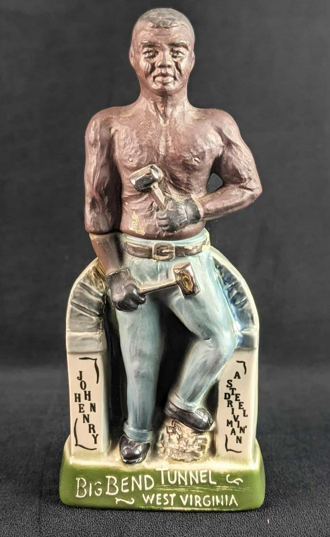 Vintage Jim Beam The Legend Of John Henry Decanter: Vintage 1972 Jim Beam "The Legend Of John Henry" decanter. Made with "Regal China". Is approx 5 1/2" x 2 1/2" x 13". Is in a good, vintage conditon with some markings and wear. Please note, the cork i