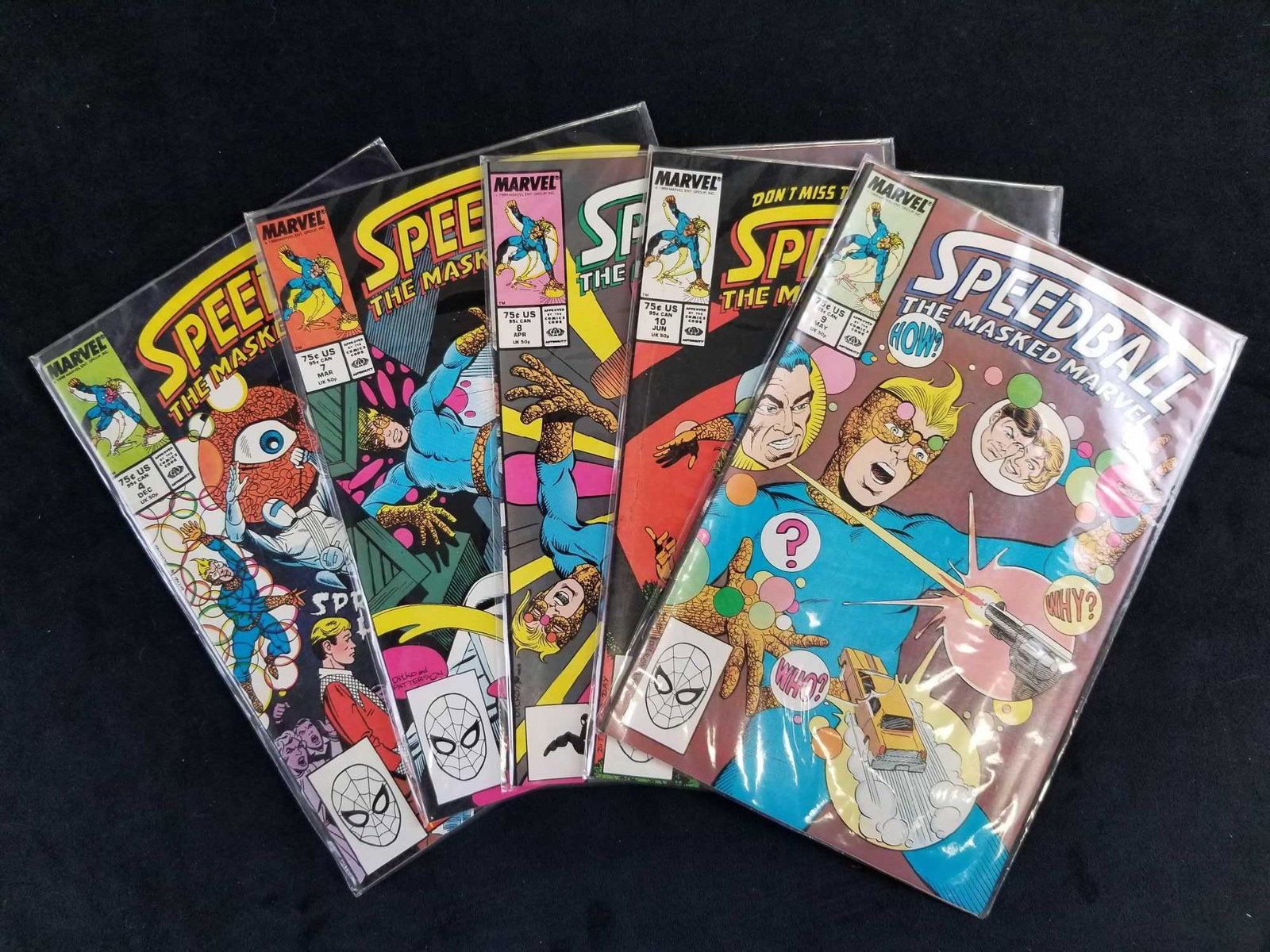 Lot of 5 Speedball The Masked Marvel Comics: This lot of Speedball Comics are in like new condition with no known rips, tares, or missing comics. Each comic comes in its own protective plastic sleeve. This lot includes: "Speedball No. 4", Speedb