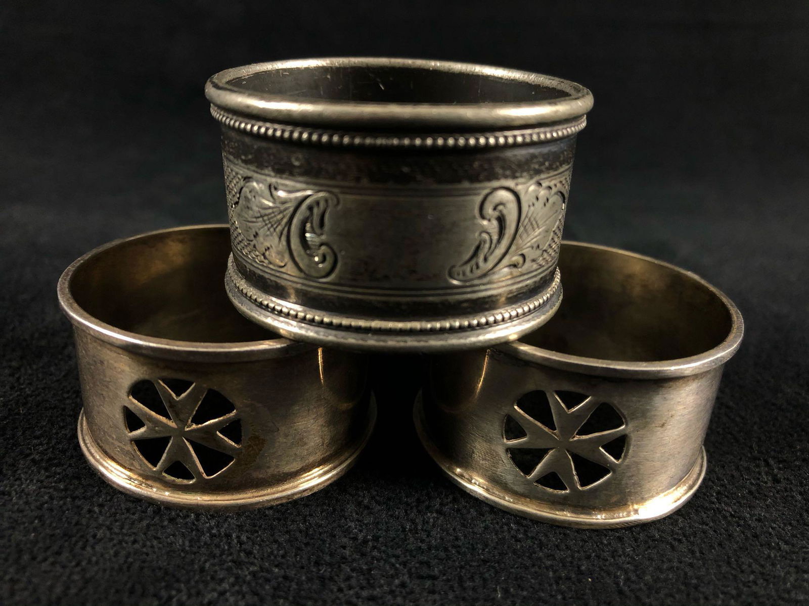 Vintage Sterling Silver Napkin Rings Lot Of 3: Vintage Sterling Silver Napkin Rings Lot Of 3. This very well made piece is in very good condition with some patina. We acid test all our jewelry prior to listing please view all our pictures they are