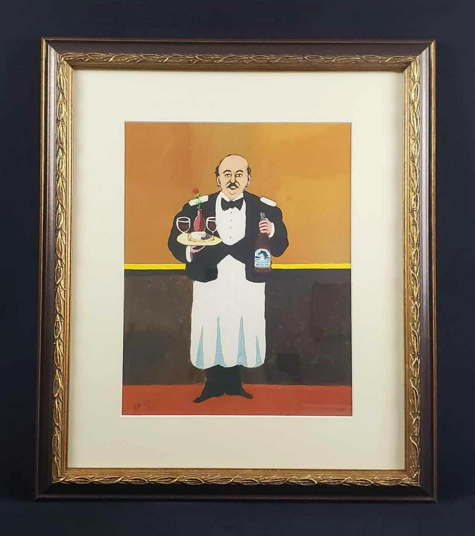 Guy Buffet Italian Maitre D AP Lithograph: The exact title of this piece is unknown and is by well known artist Guy Buffet. It depicts an Italian Maitre D with a serving tray and red wine. It is an artist proof lithograph numbered 23 out of 50